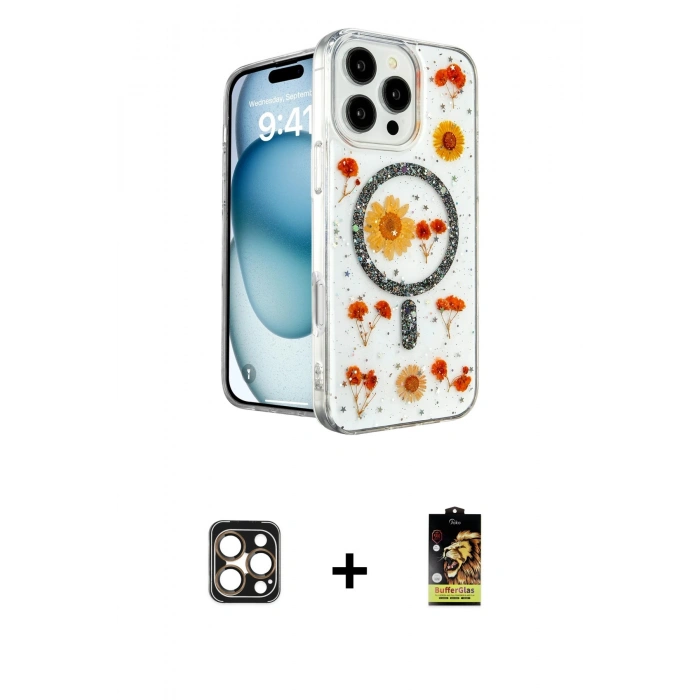 MARSİLYAN™- iPhone 16 Pro Max Kılıf Kozmos Doku - Siyah Buffer Cam Ekran Koruyucu + PVD Metal Kamera Lens - GD
