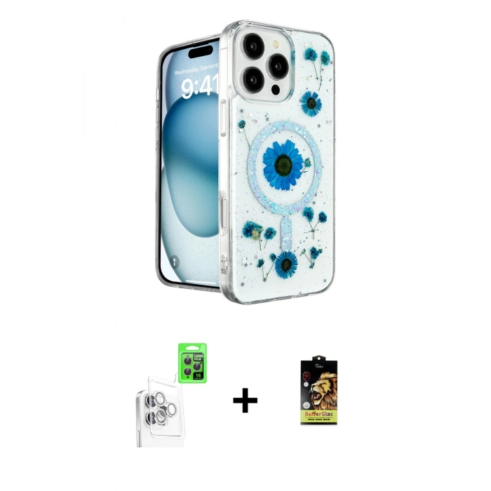 MARSİLYAN™- iPhone 16 Pro Max Kılıf Kozmos Doku - Siyah Buffer Cam Ekran Koruyucu + Raze Metal Kamera Lens - BZ