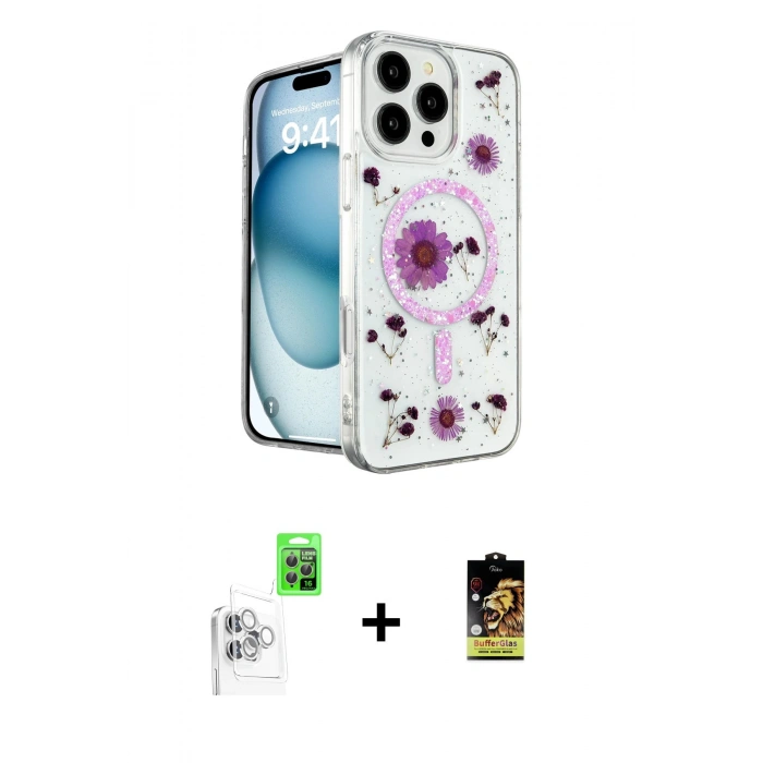 MARSİLYAN™- iPhone 16 Pro Max Kılıf Kozmos Doku - Siyah Buffer Cam Ekran Koruyucu + Raze Metal Kamera Lens - BZ