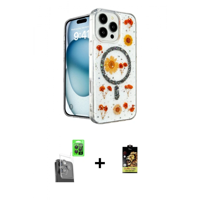 MARSİLYAN™- iPhone 16 Pro Max Kılıf Kozmos Doku - Siyah Buffer Cam Ekran Koruyucu + Raze Metal Kamera Lens - SH