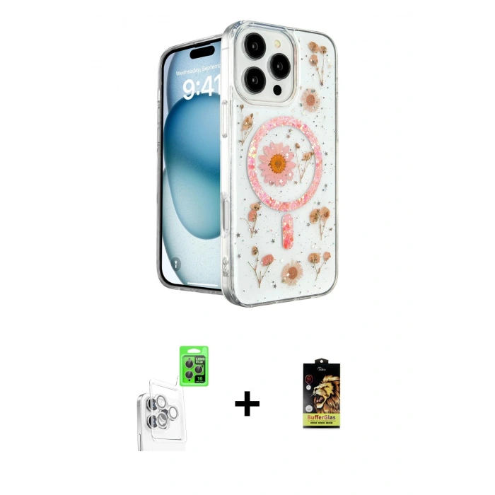 MARSİLYAN™- iPhone 16 Pro Max Kılıf Kozmos Doku - Siyah Buffer Cam Ekran Koruyucu + Raze Metal Kamera Lens - BZ