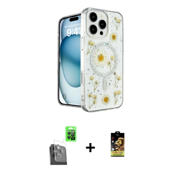 MARSİLYAN™- iPhone 16 Pro Max Kılıf Kozmos Doku - Siyah Buffer Cam Ekran Koruyucu + Raze Metal Kamera Lens - SH