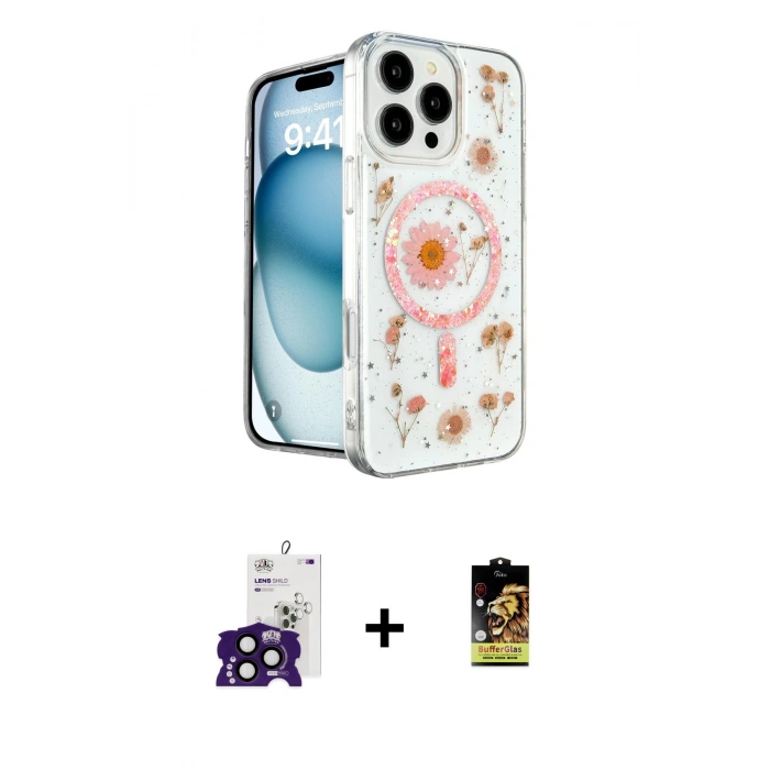MARSİLYAN™- iPhone 16 Pro Max Kılıf Kozmos Doku - Siyah Buffer Cam Ekran Koruyucu + Siyah Bilvis Titan Kamera Lens