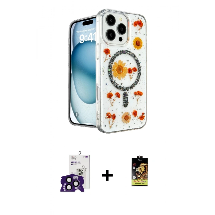 MARSİLYAN™- iPhone 16 Pro Max Kılıf Kozmos Doku - Siyah Buffer Cam Ekran Koruyucu + Siyah Bilvis Titan Kamera Lens