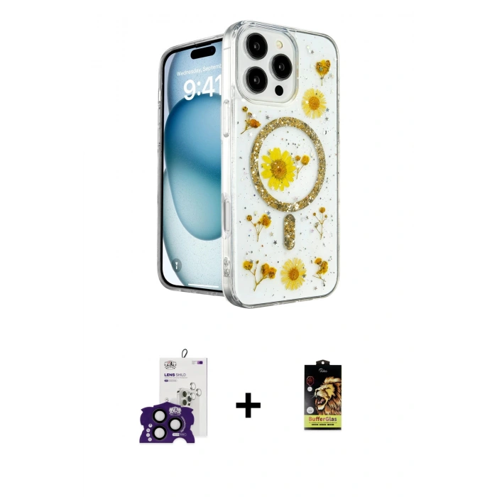 MARSİLYAN™- iPhone 16 Pro Max Kılıf Kozmos Doku - Siyah Buffer Cam Ekran Koruyucu + Siyah Bilvis Titan Kamera Lens