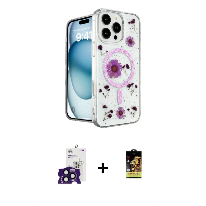 MARSİLYAN™- iPhone 16 Pro Max Kılıf Kozmos Doku - Siyah Buffer Cam Ekran Koruyucu + Siyah Bilvis Titan Kamera Lens