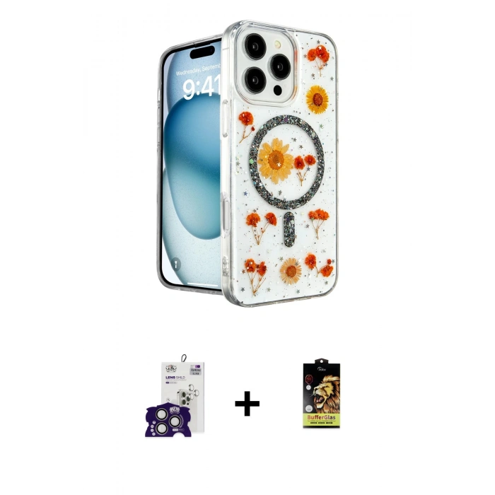 MARSİLYAN™- iPhone 16 Pro Max Kılıf Kozmos Doku - Siyah Buffer Cam Ekran Koruyucu + Titanyum Gri Bilvis Titan Kamera Lens