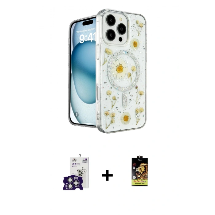 MARSİLYAN™- iPhone 16 Pro Max Kılıf Kozmos Doku - Siyah Buffer Cam Ekran Koruyucu + Titanyum Gri Bilvis Titan Kamera Lens