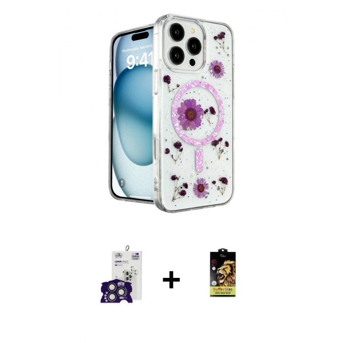 MARSİLYAN™- iPhone 16 Pro Max Kılıf Kozmos Doku - Siyah Buffer Cam Ekran Koruyucu + Titanyum Gri Bilvis Titan Kamera Lens