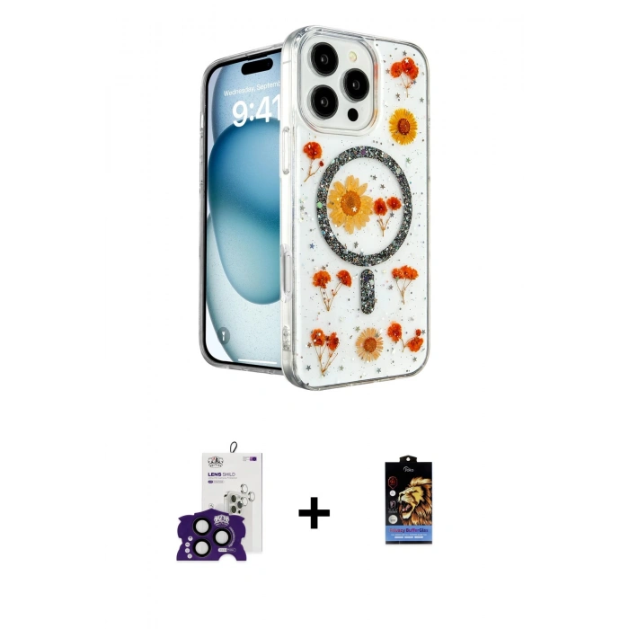 MARSİLYAN™- iPhone 16 Pro Max Kılıf Kozmos Doku - Siyah Buffer Hayalet Cam Ekran Koruyucu + Bilvis Titan Kamera Lens - SH
