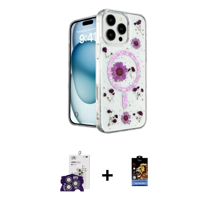 MARSİLYAN™- iPhone 16 Pro Max Kılıf Kozmos Doku - Siyah Buffer Hayalet Cam Ekran Koruyucu + Bilvis Titan Kamera Lens - GS
