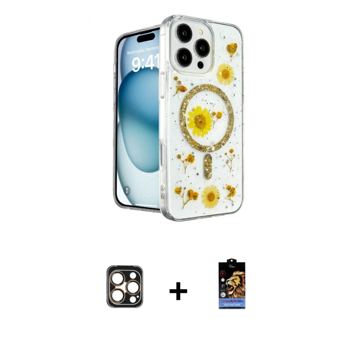 MARSİLYAN™- iPhone 16 Pro Max Kılıf Kozmos Doku - Siyah Buffer Hayalet Cam Ekran Koruyucu + PVD Metal Kamera Lens - GD