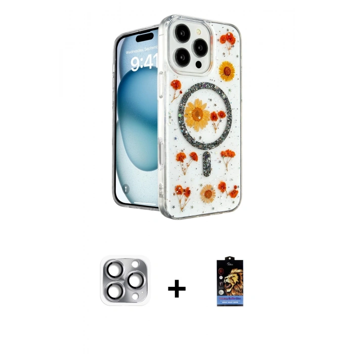 MARSİLYAN™- iPhone 16 Pro Max Kılıf Kozmos Doku - Siyah Buffer Hayalet Cam Ekran Koruyucu + Pers Alüminyum Kamera Lens - GI