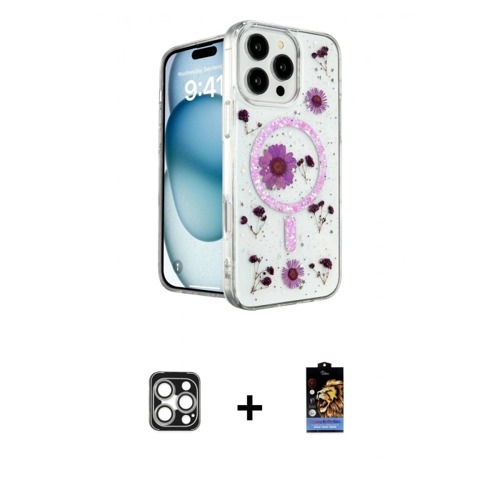 MARSİLYAN™- iPhone 16 Pro Max Kılıf Kozmos Doku - Siyah Buffer Hayalet Cam Ekran Koruyucu + PVD Metal Kamera Lens - GS