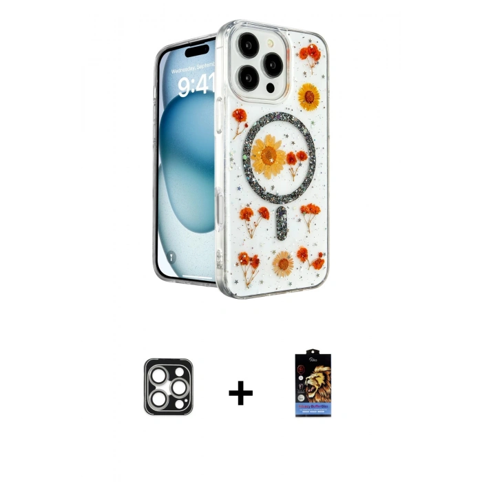 MARSİLYAN™- iPhone 16 Pro Max Kılıf Kozmos Doku - Siyah Buffer Hayalet Cam Ekran Koruyucu + PVD Metal Kamera Lens - GS