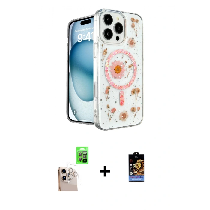 MARSİLYAN™- iPhone 16 Pro Max Kılıf Kozmos Doku - Siyah Buffer Hayalet Cam Ekran Koruyucu + Raze Metal Kamera Lens - NLGY