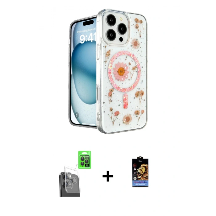MARSİLYAN™- iPhone 16 Pro Max Kılıf Kozmos Doku - Siyah Buffer Hayalet Cam Ekran Koruyucu + Raze Metal Kamera Lens - SH