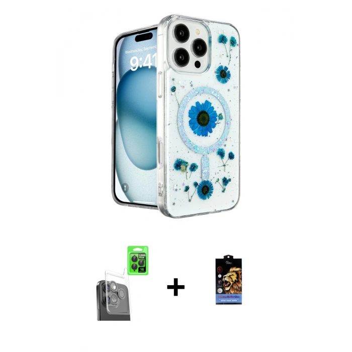 MARSİLYAN™- iPhone 16 Pro Max Kılıf Kozmos Doku - Siyah Buffer Hayalet Cam Ekran Koruyucu + Raze Metal Kamera Lens - SH