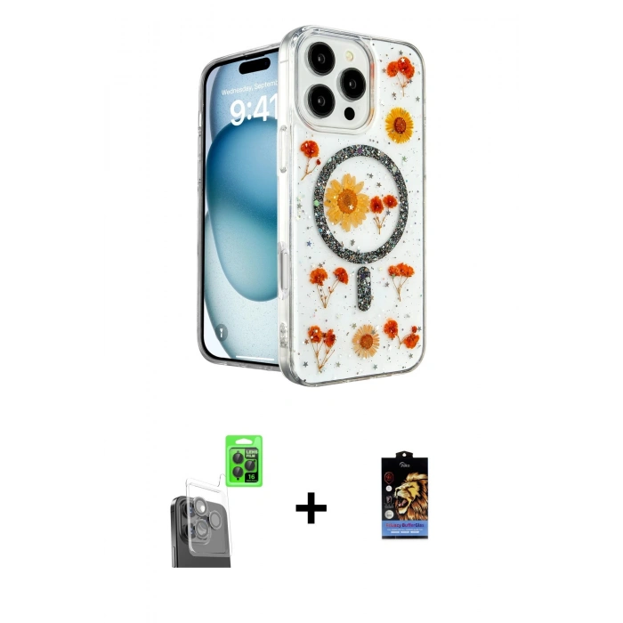 MARSİLYAN™- iPhone 16 Pro Max Kılıf Kozmos Doku - Siyah Buffer Hayalet Cam Ekran Koruyucu + Raze Metal Kamera Lens - SH
