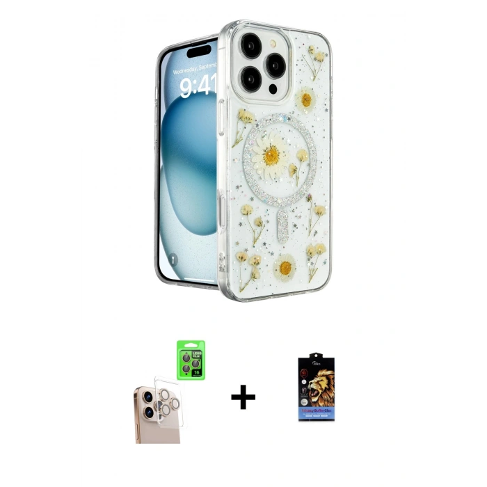 MARSİLYAN™- iPhone 16 Pro Max Kılıf Kozmos Doku - Siyah Buffer Hayalet Cam Ekran Koruyucu + Raze Metal Kamera Lens - NLGY