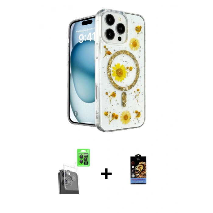 MARSİLYAN™- iPhone 16 Pro Max Kılıf Kozmos Doku - Siyah Buffer Hayalet Cam Ekran Koruyucu + Raze Metal Kamera Lens - SH
