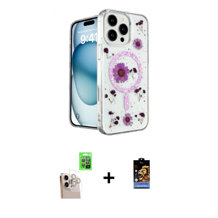MARSİLYAN™- iPhone 16 Pro Max Kılıf Kozmos Doku - Siyah Buffer Hayalet Cam Ekran Koruyucu + Raze Metal Kamera Lens - NLGY