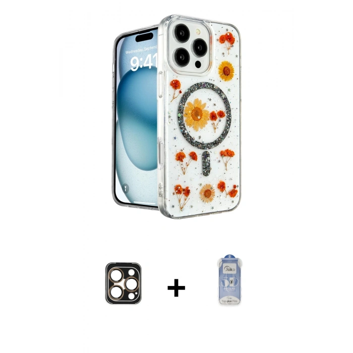 MARSİLYAN™- iPhone 16 Pro Max Kılıf Kozmos Doku - Siyah Joko Magic 5D Cam + Gold PVD Metal Kamera Lens