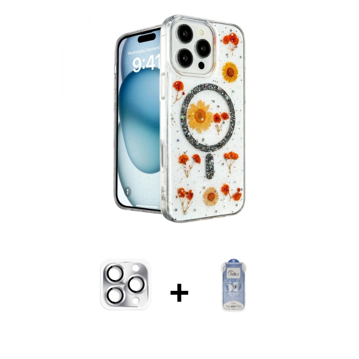MARSİLYAN™- iPhone 16 Pro Max Kılıf Kozmos Doku - Siyah Joko Magic 5D Cam + Pers Alüminyum Kamera Lens - GS