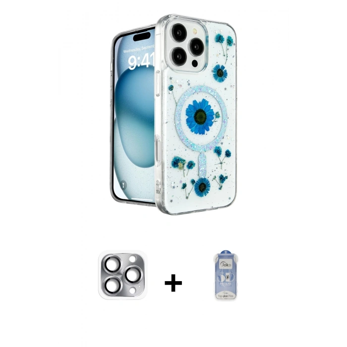 MARSİLYAN™- iPhone 16 Pro Max Kılıf Kozmos Doku - Siyah Joko Magic 5D Cam + Pers Alüminyum Kamera Lens - GI