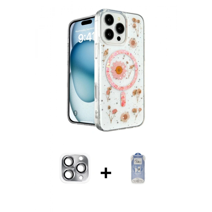 MARSİLYAN™- iPhone 16 Pro Max Kılıf Kozmos Doku - Siyah Joko Magic 5D Cam + Pers Alüminyum Kamera Lens - GI
