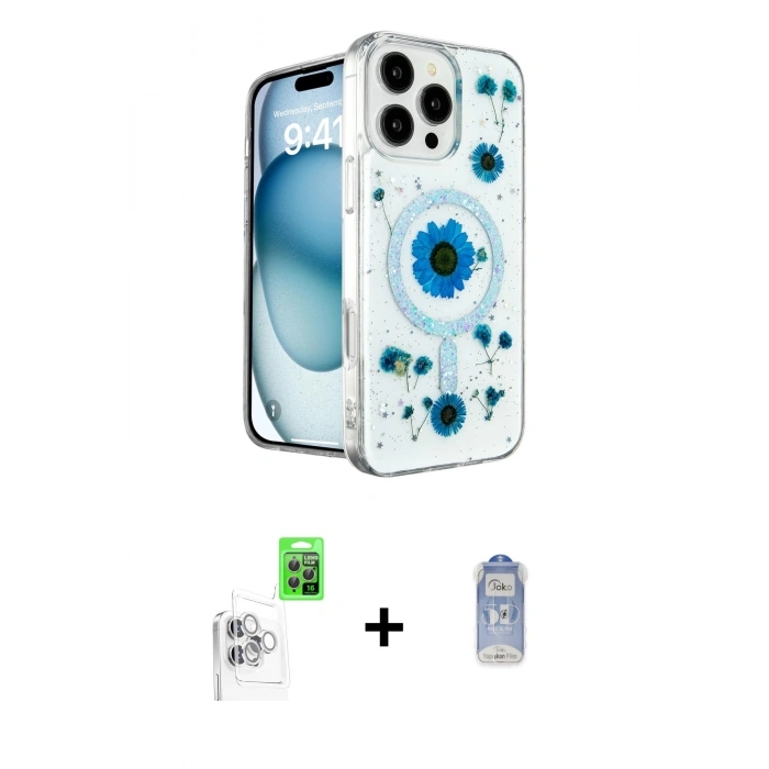 MARSİLYAN™- iPhone 16 Pro Max Kılıf Kozmos Doku - Siyah Joko Magic 5D Cam + Raze Metal Kamera Lens - BZ