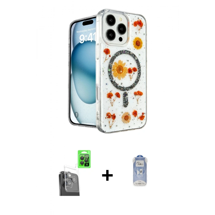 MARSİLYAN™- iPhone 16 Pro Max Kılıf Kozmos Doku - Siyah Joko Magic 5D Cam + Raze Metal Kamera Lens - SH
