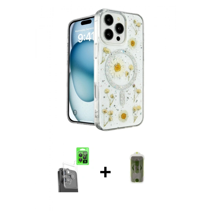 MARSİLYAN™- iPhone 16 Pro Max Kılıf Kozmos Doku - Siyah Joko Magic 5D Hayalet Cam + Raze Metal Kamera Lens - SH
