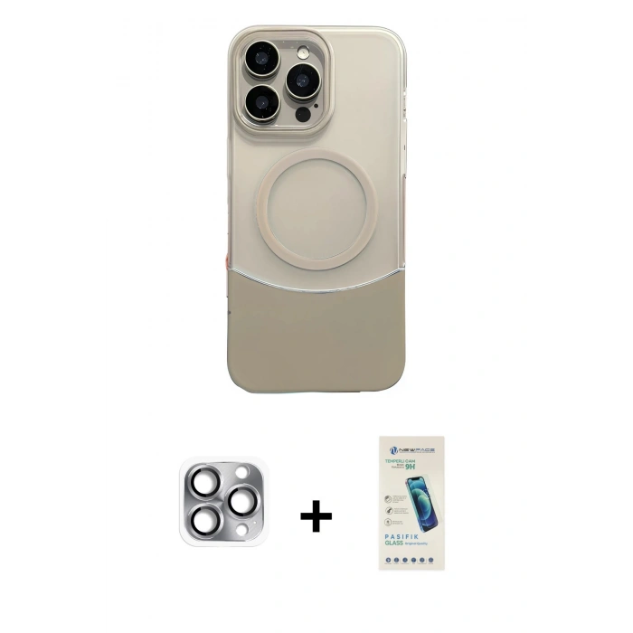 MARSİLYAN™- iPhone 16 Pro Max Kılıf Kozmos Form Özel Seri - Şeffaf Pasifik Cam Ekran Koruyucu + Gri Pers Alüminyum Kamera Lens