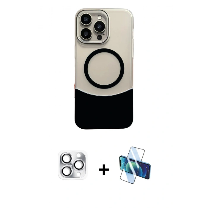 MARSİLYAN™- iPhone 16 Pro Max Kılıf Kozmos Form Özel Seri - Siyah 3D Antistatik Cam Ekran Koruyucu + Pers Alüminyum Kamera Lens - GS