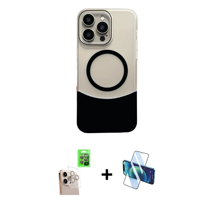MARSİLYAN™- iPhone 16 Pro Max Kılıf Kozmos Form Özel Seri - Siyah 3D Antistatik Cam Ekran Koruyucu + Raze Metal Kamera Lens - NLGY