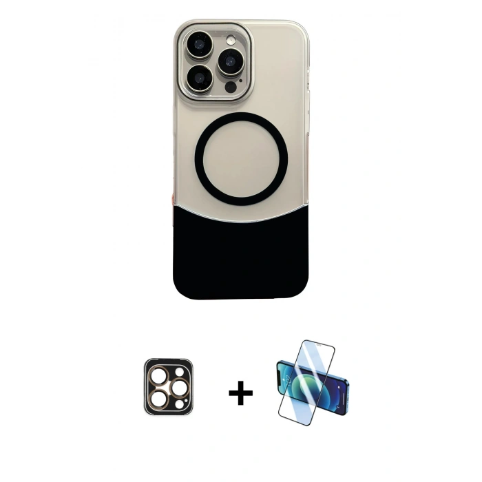 MARSİLYAN™- iPhone 16 Pro Max Kılıf Kozmos Form Özel Seri - Siyah 3D Antistatik Seramik Nano Ekran Koruyucu + Gold PVD Metal Kamera Lens