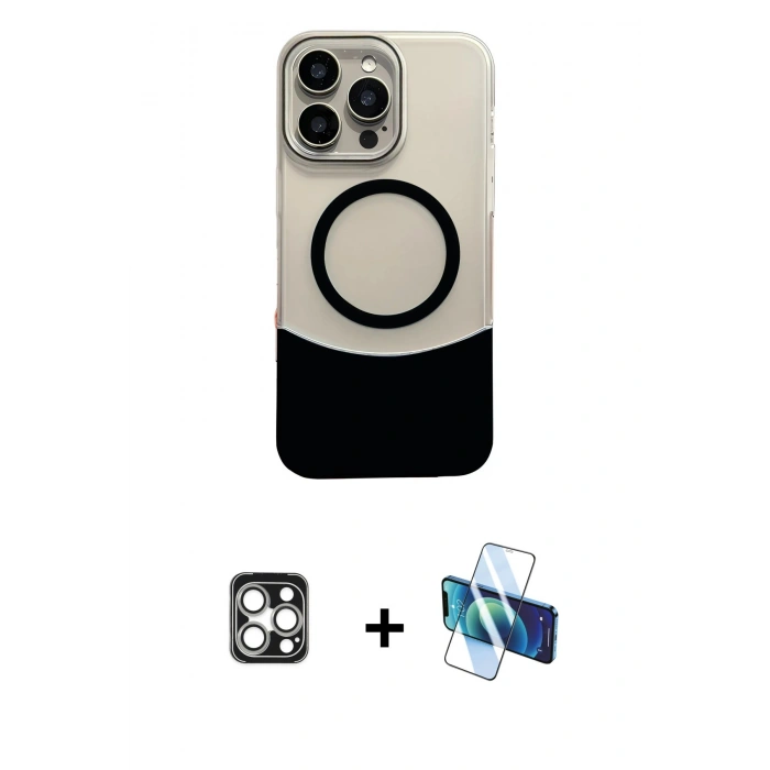 MARSİLYAN™- iPhone 16 Pro Max Kılıf Kozmos Form Özel Seri - Siyah 3D Antistatik Seramik Nano Ekran Koruyucu + Gümüş PVD Metal Kamera Lens