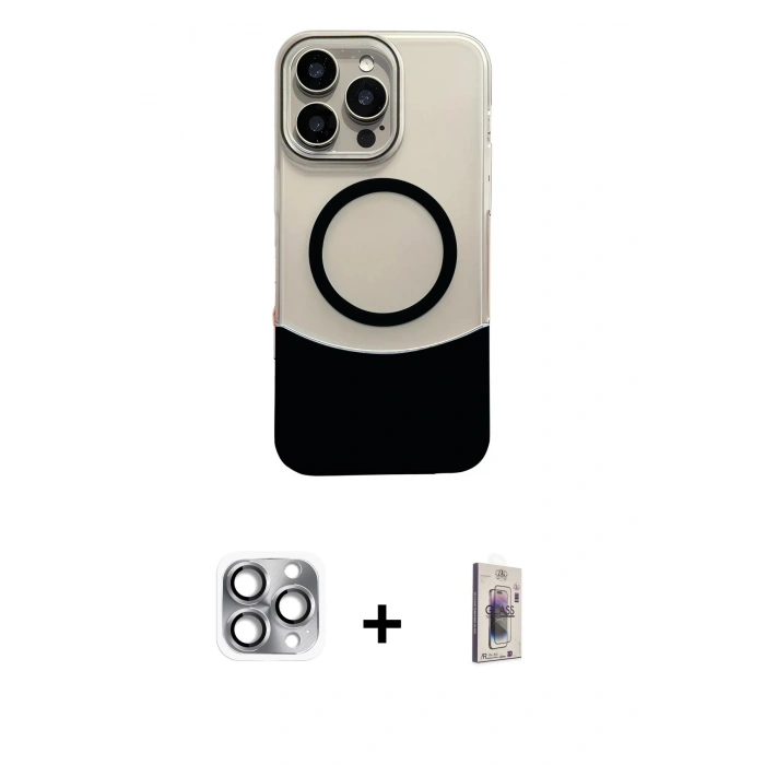 MARSİLYAN™- iPhone 16 Pro Max Kılıf Kozmos Form Özel Seri - Siyah Bilvis 3D Cam Ekran Koruyucu + Gri Pers Alüminyum Kamera Lens