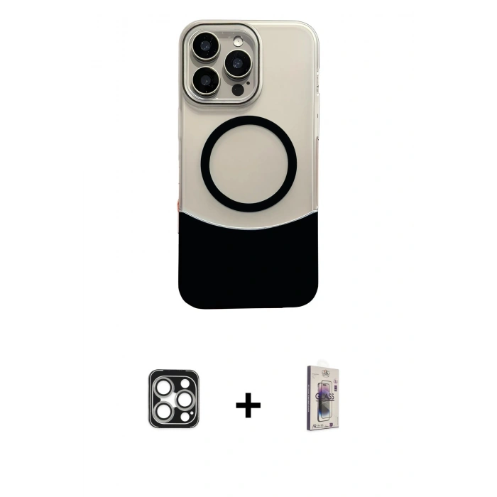 MARSİLYAN™- iPhone 16 Pro Max Kılıf Kozmos Form Özel Seri - Siyah Bilvis 3D Cam Ekran Koruyucu + PVD Metal Kamera Lens - GS