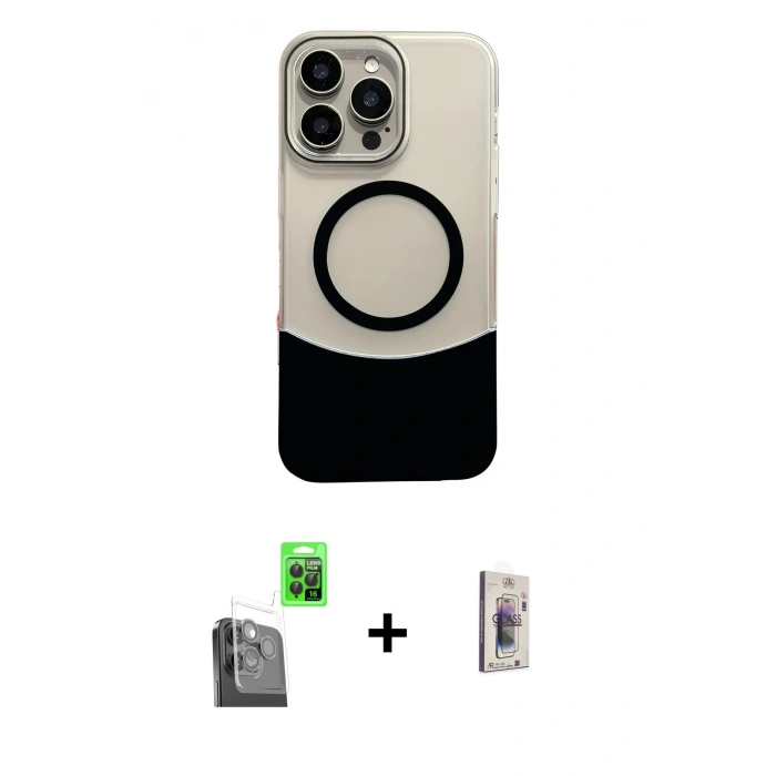 MARSİLYAN™- iPhone 16 Pro Max Kılıf Kozmos Form Özel Seri - Siyah Bilvis 3D Cam Ekran Koruyucu + Siyah Raze Metal Kamera Lens