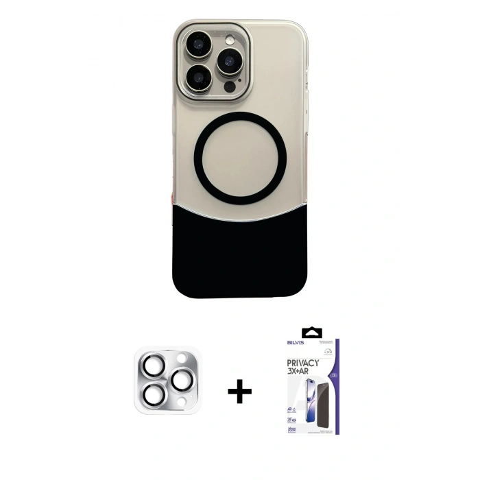 MARSİLYAN™- iPhone 16 Pro Max Kılıf Kozmos Form Özel Seri - Siyah Bilvis 3X AR Hayalet Cam Ekran Koruyucu + Pers Alüminyum Kamera Lens - GS