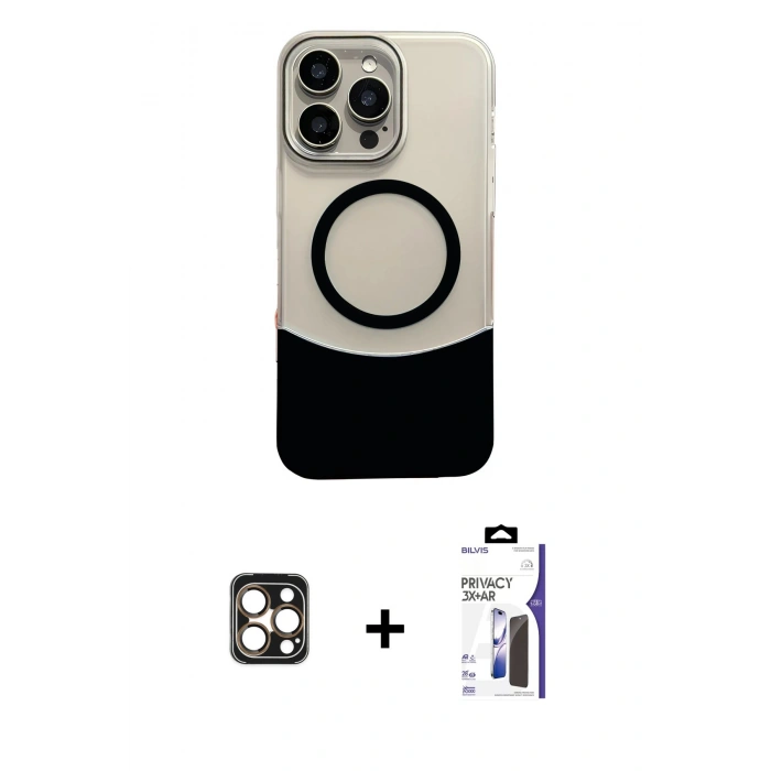 MARSİLYAN™- iPhone 16 Pro Max Kılıf Kozmos Form Özel Seri - Siyah Bilvis 3X AR Hayalet Cam Ekran Koruyucu + PVD Metal Kamera Lens - GD
