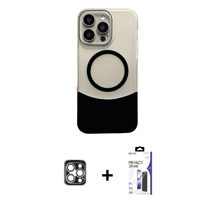 MARSİLYAN™- iPhone 16 Pro Max Kılıf Kozmos Form Özel Seri - Siyah Bilvis 3X AR Hayalet Cam Ekran Koruyucu + PVD Metal Kamera Lens - GS