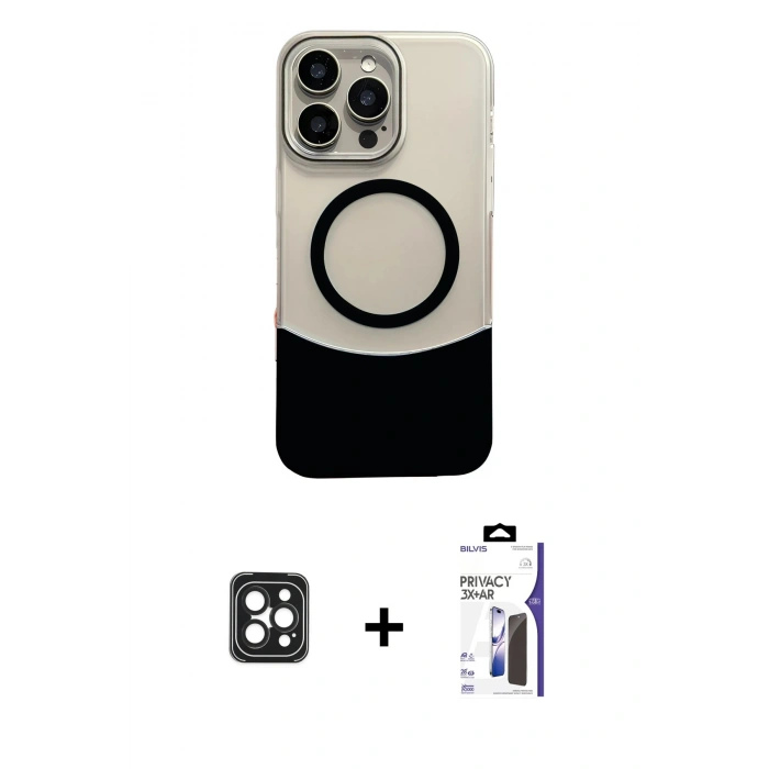 MARSİLYAN™- iPhone 16 Pro Max Kılıf Kozmos Form Özel Seri - Siyah Bilvis 3X AR Hayalet Cam Ekran Koruyucu + PVD Metal Kamera Lens - SH