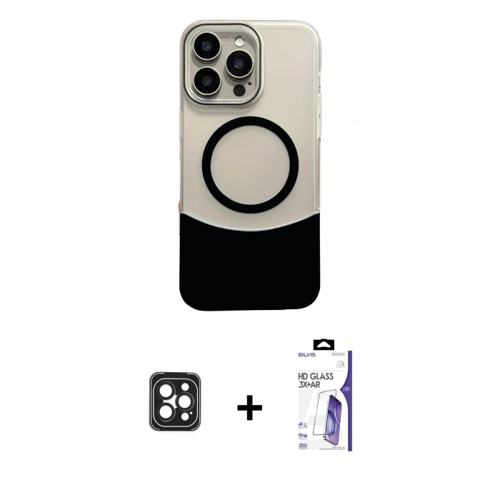 MARSİLYAN™- iPhone 16 Pro Max Kılıf Kozmos Form Özel Seri - Siyah Bilvis 3X AR HD Cam Ekran Koruyucu + PVD Metal Kamera Lens - SH