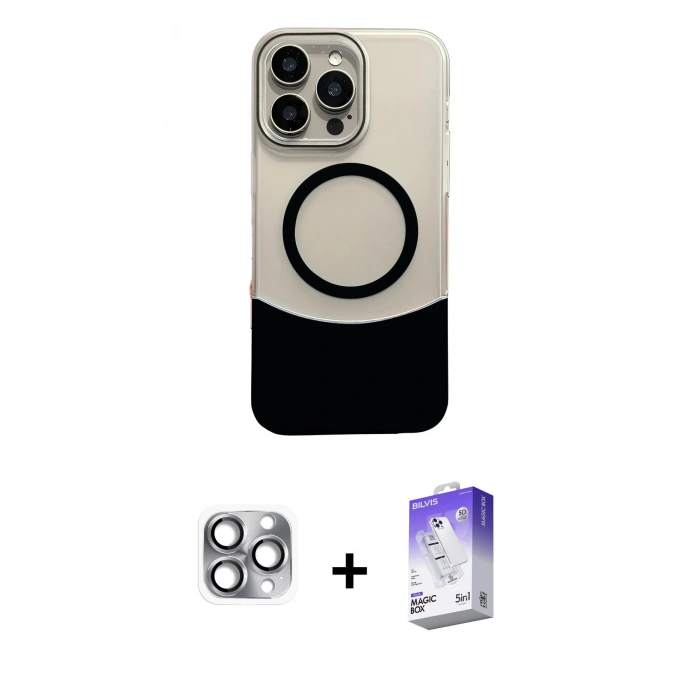 MARSİLYAN™- iPhone 16 Pro Max Kılıf Kozmos Form Özel Seri - Siyah Bilvis 5in1 3D Magic Cam Ekran Koruyucu + Gri Pers Alüminyum Kamera Lens