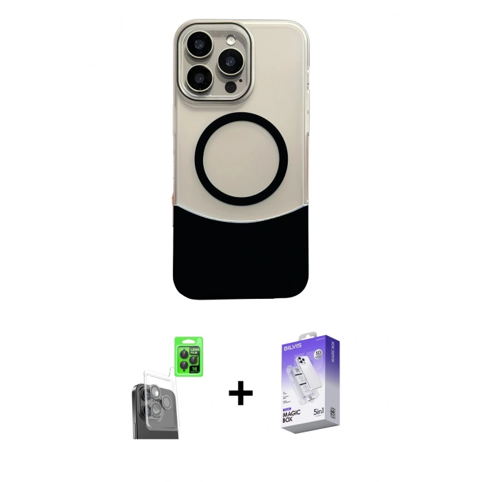 MARSİLYAN™- iPhone 16 Pro Max Kılıf Kozmos Form Özel Seri - Siyah Bilvis 5in1 3D Magic Cam Ekran Koruyucu + Raze Metal Kamera Lens - SH