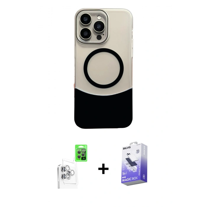MARSİLYAN™- iPhone 16 Pro Max Kılıf Kozmos Form Özel Seri - Siyah Bilvis 5in1 5D Magic Hayalet Cam Ekran Koruyucu + Beyaz Raze Metal Kamera Lens