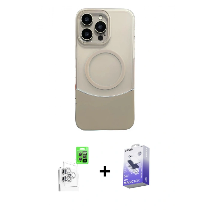 MARSİLYAN™- iPhone 16 Pro Max Kılıf Kozmos Form Özel Seri - Siyah Bilvis 5in1 5D Magic Hayalet Cam Ekran Koruyucu + Beyaz Raze Metal Kamera Lens